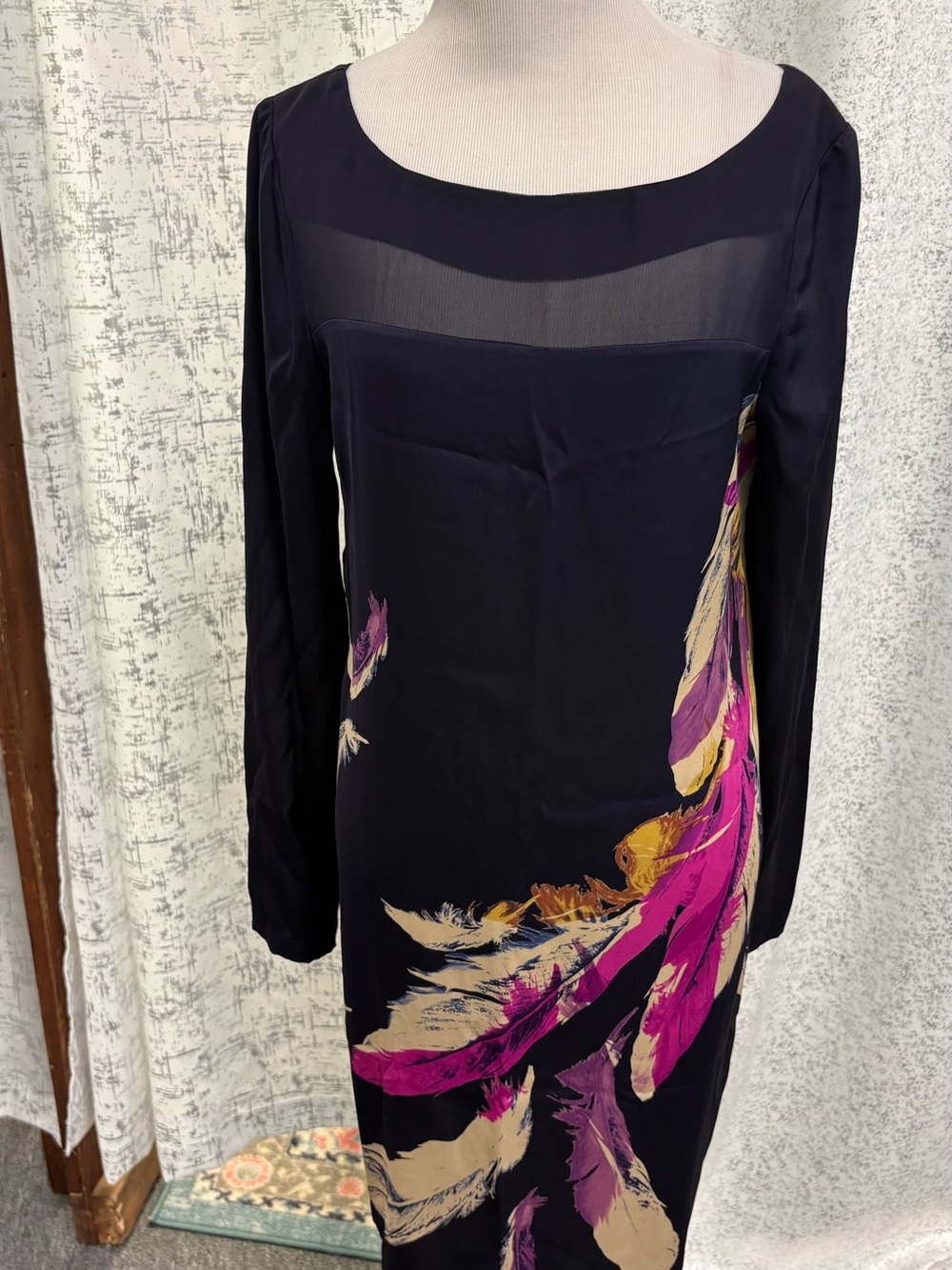 Yoana Baraschi Black Long-Sleeve Dress with Pink & Cream Feather Motif